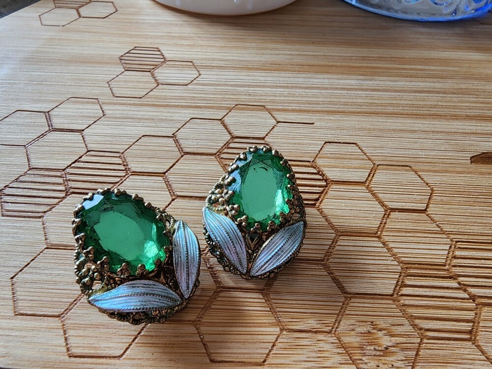 SIGNED W GERMANY Vintage Emerald Green Glass Rhinestone Earring Set Clip On